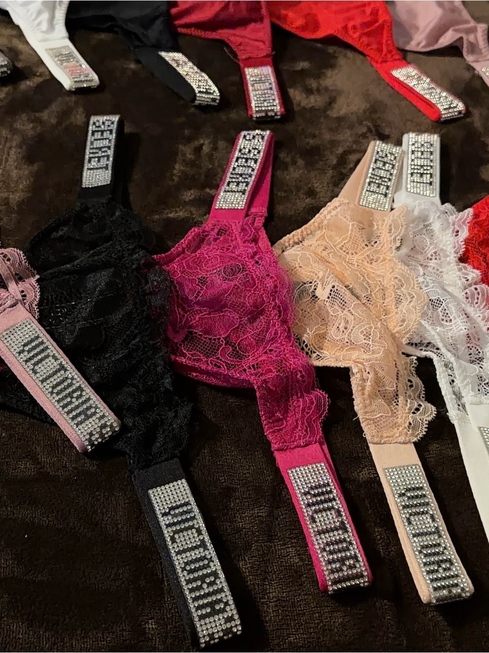 Lace Bralette with Crystal-Embellished Straps - Pink